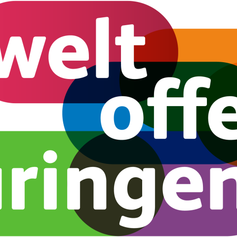 Text: Weltoffenens Thüringen vor buntem Hintergrund